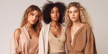 Elegant minimalist fashion scene with three stylish young women appreciating a delicate piece of jewelry, against neutral beige backdrop. Generative AI
