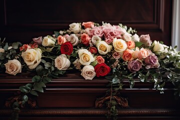 A large bouquet of roses in pink, red, yellow and white on a carved dark wood coffin.