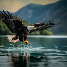 American Bald Eagle Hunting At Lake
