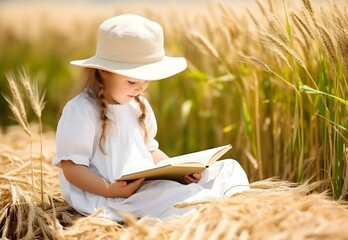 Wall Mural - Cute little girl reading bible book beside rice field.