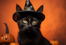 Hyper Realistic Black Cat Wearing A Halloween Witch Hat Against An Orange Background | Black Persian Cat In Halloween | Halloween Festival | Trick Or Treat