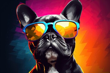 Wall Mural - Colorful portrait of a dog wearing fashionable sunglasses on monochrome background, . Funny photo of animal looks like a human on trend poster. Zoo club 