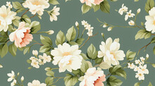 Seamless Classic Wallpaper Retro Vintage Flower Pattern On Green Background. Textile Design.