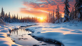 Fototapeta Most - Winter sunset scenery showcasing a panoramic view of natural landscapes under the backdrop of Christmas ambiance. Generative AI