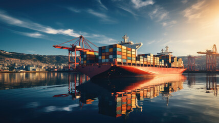 Wall Mural - Container ship at industrial port in import export business logistic and transportation of international by container ship in the sea, Container loading in cargo freight ship with industrial crane.