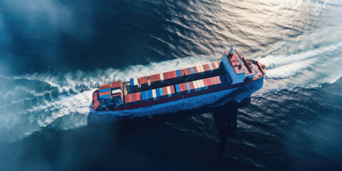 Wall Mural - photo of Aerial top view of cargo maritime ship with contrail in the ocean ship carrying container and running for export concept technology freight shipping by ship forwarder mast