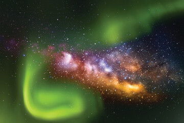Poster - night starry sky. green aurora borealis. milky way and northern lights