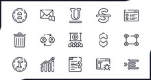 Set Of User Interface Outline Icons. Thin Line Icons Such As Top Button Thin Line, New Message Thin Line, Underline Trash Bin Hall Export Archive Left Side Alignment Vector.