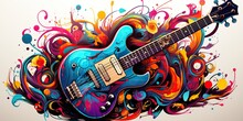 AI Generated. AI Generative. Draw Paint Sketch Watercolor Muisc Guitar With Color Splash. Graphic Art