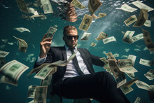 Businessman Wearing Suit Drowning Underwater With Dollar Banknotes. Bossy Man Diving In Swimming Pool. Concept Of Bankruptcy And Problems In Business.