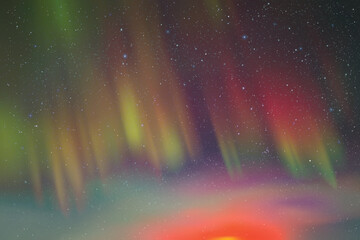 Sticker - Red green aurora borealis. Night starry sky and colorful polar lights