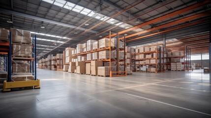 a large warehouse with numerous items. rows of shelves with boxes. logistics. inventory control, ord