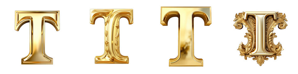 Wall Mural - Golden alphabet, logotype, letter T isolated on a transparent background