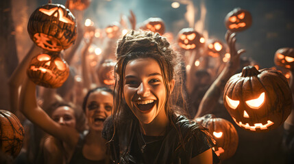 Girl in vampire costume at a party celebrating Halloween with people in the background and Jack O Lantern Halloween pumpkins. Teen, horror and halloween costume party. Generative ai