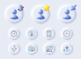 Swipe up, Love chat and Delivery online line icons. Placeholder with 3d cursor, bell, star. Pack of Energy, Freezing, No microphone icon. Timer, Web system pictogram. For web app, printing. Vector