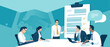 Agreement, deal. Teams of office workers sit at a conference table and negotiate an agreement. Background hand shake. Vector illustration.
