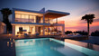 Exterior of modern minimalist cubic villa with swimming pool at sunset.
