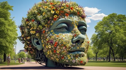 A city park transformed into an outdoor art gallery of floral sculptures.
