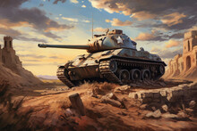 Illustration Of A Tank From The Second World War In The Desert Against The Background Of The Ruins And The Sky With Clouds. Generative AI.