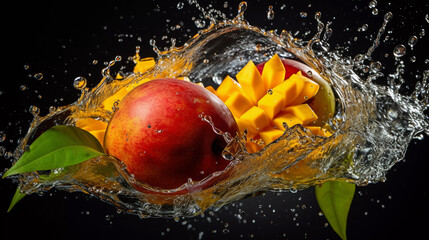  Ripe mangoes in a splash of water on a dark background.