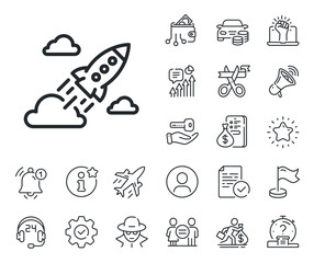 Poster - launch project sign. salaryman, gender equality and alert bell outline icons. startup rocket line ic