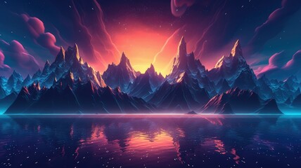 Wall Mural - cyberpunk mountain landscape abstract background for desktop wallpaper with retro-wave design city i