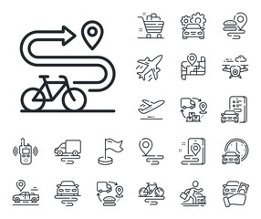 Wall Mural - Delivery bicycle transport sign. Plane, supply chain and place location outline icons. Bike path line icon. Sport activity symbol. Bike path line sign. Taxi transport, rent a bike icon. Vector