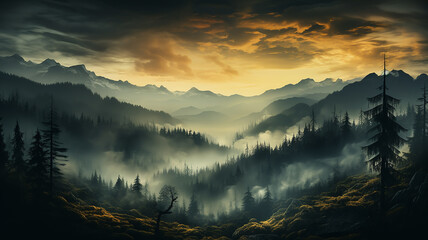silhouettes of lonely pine trees in the autumn fog at sunset, freedom and silence of nature wild for