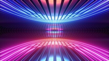 Wall Mural - 3d render. Abstract futuristic neon background. Rounded red blue lines, glowing against a backdrop of metal strips. Ultraviolet spectrum. Cyber space.