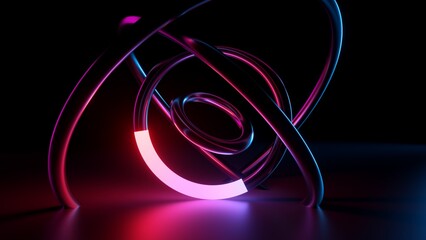 Wall Mural - 3d render, abstract futuristic background, tangled tube shape glowing in the dark with pink neon lig