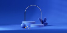 3d Render, Blue Christmas Background With Empty Stage, Golden Round Arch, Festive Ornaments And Spruce Twigs. Minimalist Holiday Showcase For Product Presentation