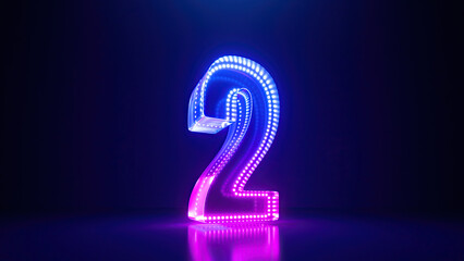 3d rendering, pink blue neon number two, isolated on dark blue background with reflection. Digital sign 2 glowing in ultraviolet light