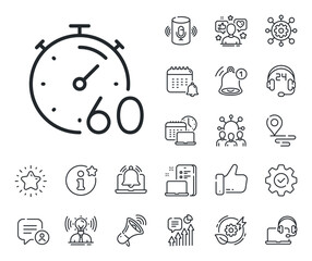 Poster - stopwatch time sign. place location, technology and smart speaker outline icons. timer 60 minutes li