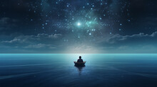 Man In A Boat Sea And Starry Sky At Night With Reflection, Dream Sleep Picture In Imagination