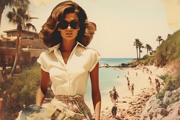 Wall Mural - Beauty and style concept. Retro vintage beautiful woman portrait. Sunny day and beach in background. 60's style. Collage image style illustration, high contrast and vivid colors. Generative AI