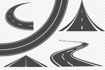 Set of Bending roads and highways vector illustrations. Road, winding highway isolated. Road with white lines