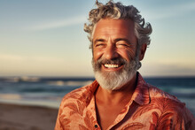 Lifestyles, Travel, Leisure And Fashion Concept. Close-up Portrait Of Happy And Beautiful Mature Man In Beach. Sunny And Windy Day. Generative AI