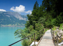  Lake Brienz In Switzerland. Giessbach Waterfall From The Viewing Platform At The Base Of The Falls Or Bei Following The Walking Path Which Zig Zags Up The Cascades