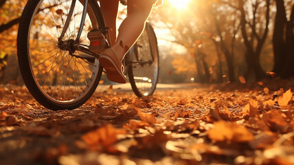 bicycle in motion autumn background wheels leaves flying in autumn park fall sunny day