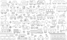 Vector Black And White Transportation Set. Funny Line Water, Land, Air Underground Transport Collection For Kids. Cars And Vehicles Clip Art. Cute Train, Truck, Fire Engine Icons Or Coloring Pages.