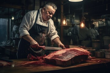 Poster - Butcher cutting a piece of raw meat in a butchery. A butcher sharpening a large meat cleaver, AI Generated