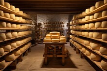 Old Cheese Factory In Tuscany, Italy. Italian Cheese Production, A Cheese Aging Cellar With Rows Of Cheese Wheels On Wooden Shelves, AI Generated