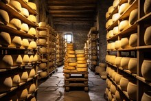 Cheese In A Cellar Of A Winery In South Italy. A Cheese Aging Cellar With Rows Of Cheese Wheels On Wooden Shelves, AI Generated