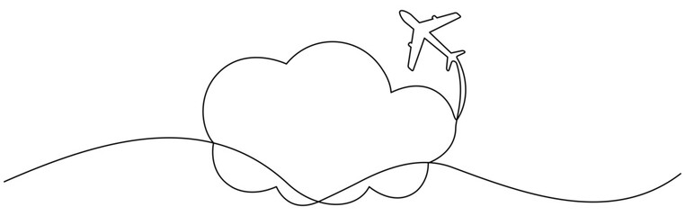 Poster - Airplane with cloud continuous one line drawn. Travel linear symbol. Vector illustration isolated on white.