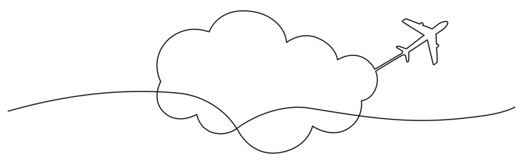 Poster - Airplane with cloud continuous one line drawn. Travel linear symbol. Vector illustration isolated on white.