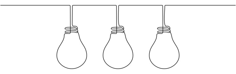 Poster - three lightbulbs continuous one line drawn. lamp linear symbol. vector illustration isolated on whit