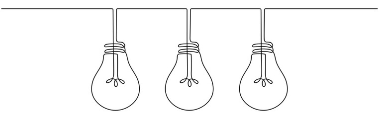 Poster - three lightbulbs continuous one line drawn. lamp linear symbol. vector illustration isolated on whit