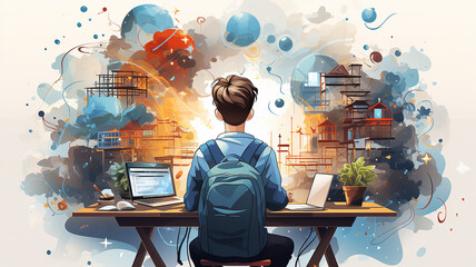 Fototapete - student at the table view from the back learning global drawing picture graphics