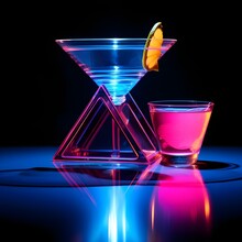 Neon Martini Glass Against A Dark Backdrop. Glass Of Piramid