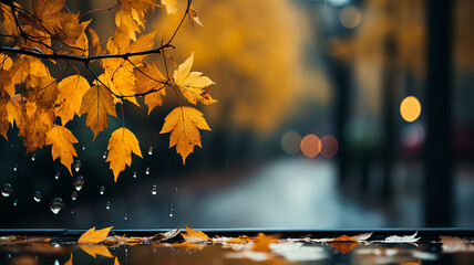 Wall Mural - rain outside the window in the landscape of autumn park and yellow leaves.